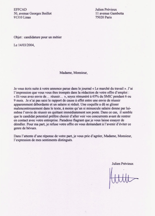 Julien PrÃ©vieux, Lettres de non motivation, petits annonces, lettres ...