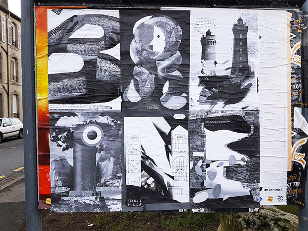 Bily Lutin (Florian Stéphant+Nicolas Filloque), «Bruine», collages dans les rues de Brest, exposition à la galerie Kuuutch (Brest), série d’affiches offset noir & blanc, janvier 2019