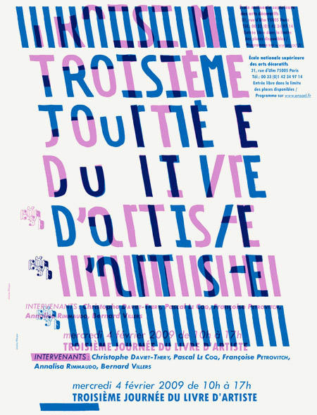 Nicolas Filloque, affiche pour la 3e journee du livre d’artiste, Ensad, A2, sérigraphie 2 tons (1 cadre), février 2009