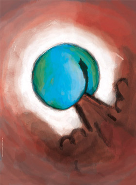 Nicolas Filloque, affiche Terre qui pète, concours du Festival international de l’affiche et du graphisme de Chaumont, sur le sujet du «réchauffement de la planète» (3e prix ex æquo), 60x80cm, impression jet d’encre, mai 2007