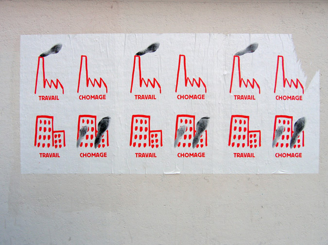 Nicolas Filloque, affiche Travail Chômage, concours du Festival international de l’affiche et du graphisme de Chaumont, sur le sujet de «la révolte des banlieues», 60x80cm, sérigraphie 2 tons, mai 2006
