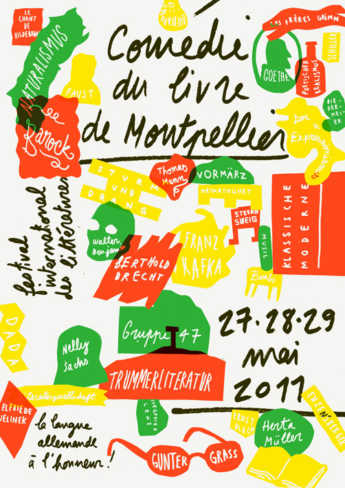 Formes Vives, affiche pour la Comédie du livre de Montpellier, édition 2011 dédiée aux littératures de langue allemande, impression trois tons, proposition non retenue, février 2011