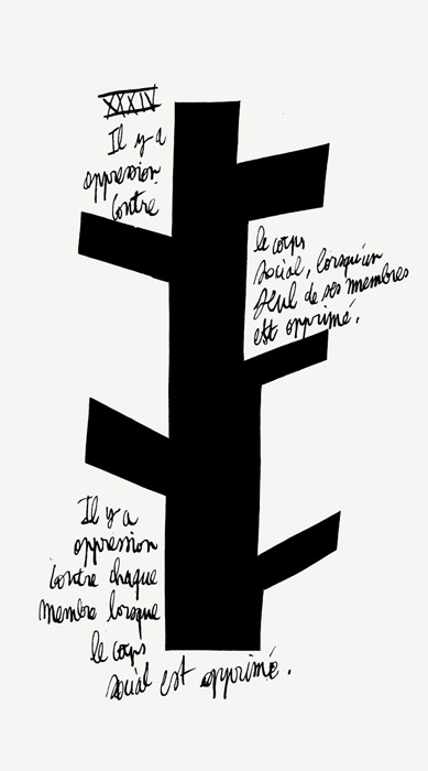 Formes Vives, affiches pour l’installation de la Déclaration des droits de l’Homme et du Citoyen de 1793 à l’Université populaire du 18e arrondissement, 50x90cm, impression tirage de plan, novembre 2009