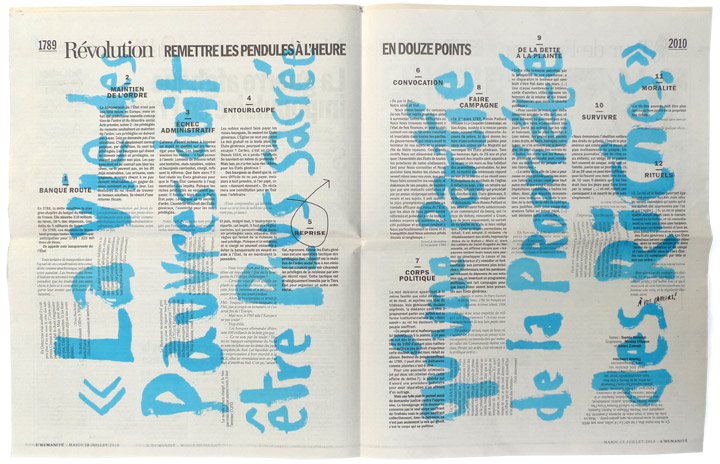 Formes Vives avec Sophie Wahnich et Thomas Lemahieu, double page Révolution – Remettre les pendules à l’heure en douze points, quotidien L’Humanité, offset rotative, 13 juillet 2010