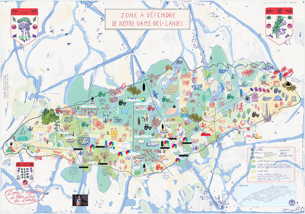 Formes Vives et Quentin Faucompré, carte de la Zone à défendre de Notre-Dame-des-Landes, éditions À La Criée, 67x96cm, offset quadri, papier 80g/m2, imprimerie Media Graphic, 2500 exemplaires, auto-diffusion en librairie et vente directe, 1€, février 2016