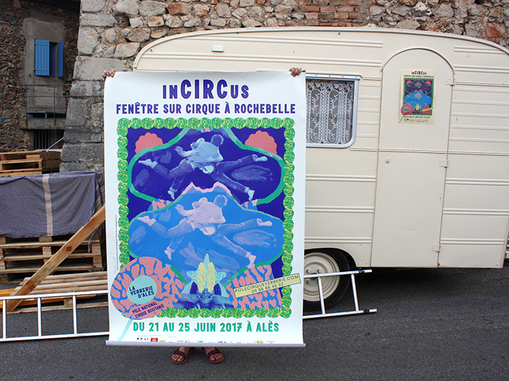 Formes Vives, affiche pour le festival InCircus, Pôle national cirque La Verrerie d’Alès, 120x176cm (papier + PVC), A3, juin 2017