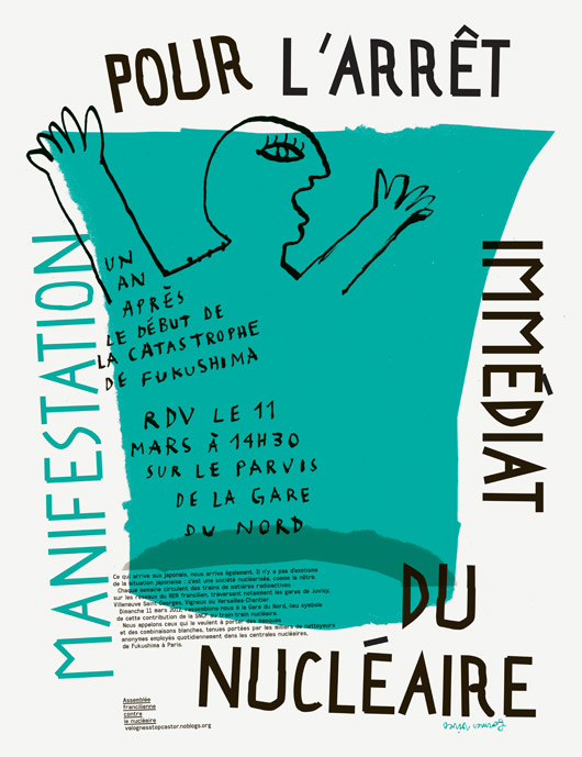 Formes Vives, affiche pour la manifestation anti-nucléaire du 11 mars 2012 à Paris, Assemblée francilienne contre le nucléaire, 50x65cm, offset 2 tons, février 2012