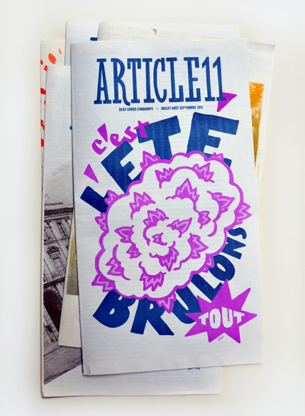 GUsto, Formes Vives et Thibaud Meltz, couverture du journal Article11 n°5, 24x44cm, 32 pages, offset rotative 2 tons, juillet 2011