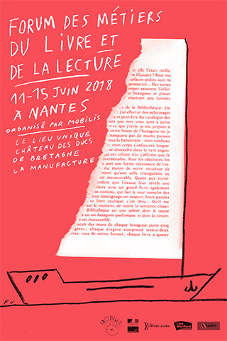 Formes Vives, affiche pour le Forum des métiers du livre et de la lecture, Mobilis, 80x120cm, 40x60cm, offset deux tons, mars 2018
