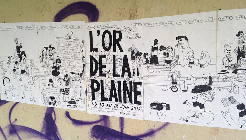 Formes Vives, affiche de L’Or de la Plaine, festival de quartier à prix libre, frise d’affichettes A3, impression laser noir et blanc, mai 2017