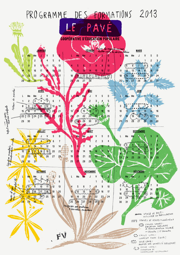Formes Vives, poster/programme des formations 2013 de la scop Le Pavé, A2, offset quadri, papier bouffant 115g/m2, 2000 exemplaires, septembre 2012