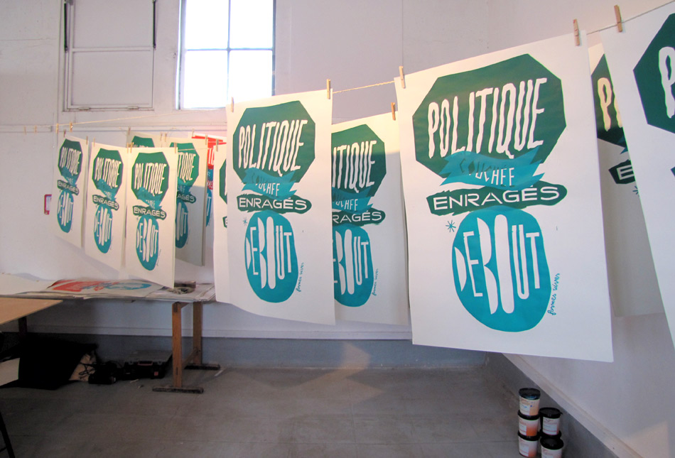Formes Vives, affiches-slogans, atelier graphisme des Rdv de Terres Neuves à Bègles, sérigraphie 2 tons, composition avec 4 cadres interchangeables, 100 exemplaires, juillet 2011