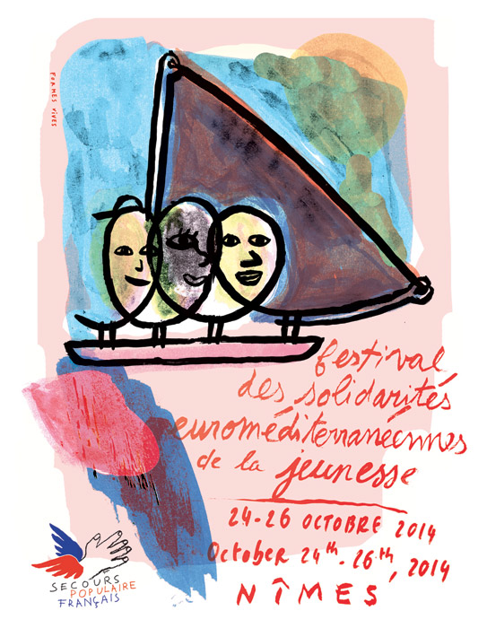Formes Vives, image pour le Festival des solidarités euroméditerranénnes de la jeunesse, Secours Populaire Français, déclinée sur affiches, Internet et t-shirt, septembre 2014
