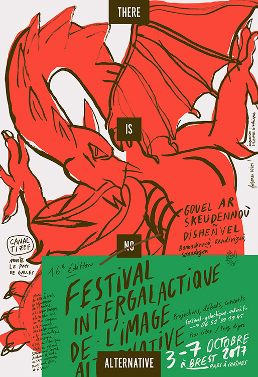 Formes Vives, affiche pour le Festival intergalactique de l’image alternative, association Canal Ti Zef, Brest, 120x176cm, sérigraphie 2 couleurs chez Lézard Graphique, septembre 2017