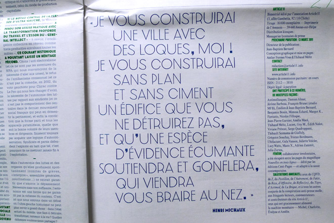 Formes Vives, typographie 44 rue des Gravilliers (light), créée pour la rubrique Politique(s), journal Article11, janvier 2011