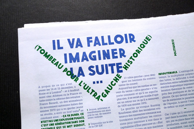 Formes Vives, typographie 44 rue des Gravilliers (bold), créée pour la rubrique Politique(s), journal Article11, janvier 2011