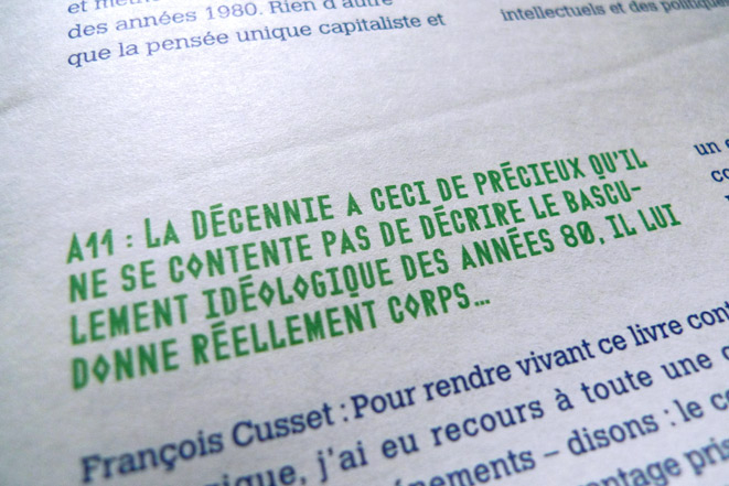 Formes Vives, typographie 86 Palatine Road, créée pour l’article Années 80 : Les Fossoyeurs du nouveau monde, journal Article11, janvier 2011