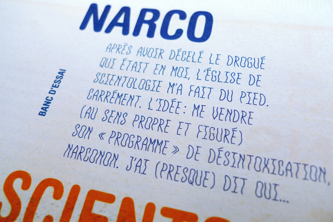 Formes Vives, typographie Francœur, utilisée pour l’article «Narco non, Sciento oui», journal Article11, mai 2011