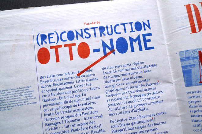 Formes Vives, typographie 2 rue d’Arcueil, utilisée pour la rubrique Fai-da-te du journal Article11, octobre 2010