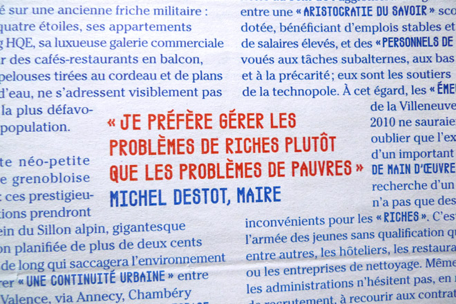 Formes Vives, typographie Metropolis, développée pour les rubriques Le Capital dans tous ses espaces et Leurs mots du journal Article11, octobre 2010