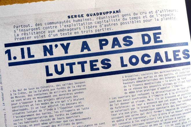 Formes Vives, typographie Talensac, utilisée pour la chronique Une zone à défendre : la planète, journal Article11, mars 2013